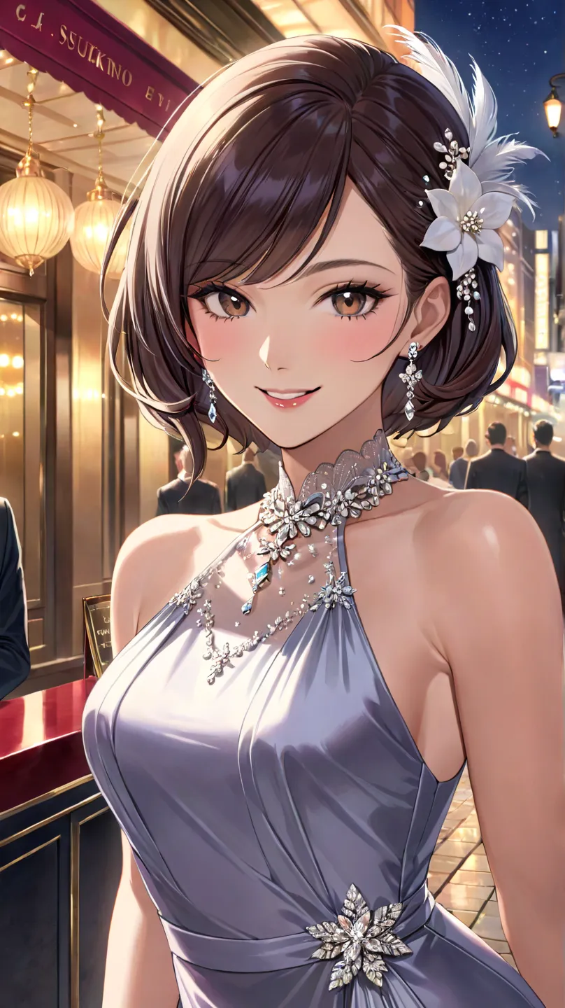 (Extreme close-up, Face-focused portrait)A woman inspired by a popular hostess from Susukino, elegantly wearing a sophisticated evening dress that modestly covers the neckline.
Set against a luxurious nightlife scene, she warmly smiles at the viewer, expre...