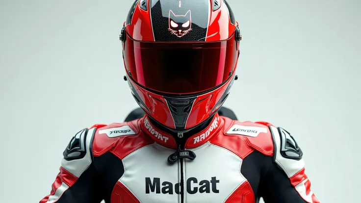 front view, of A man wearing a sleek Red and white leather motorcycle race suit with black accents on the shoulders and arms it has the
"MadCat Racing" text with a Black cat with red eyes logo on the chest of the suit, with elbow and knee skid pads built ...