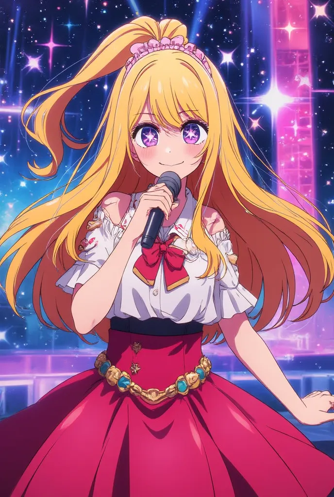 ((best quality, 8k, masterpiece: 1.4)), yellow hair, long hair, topknot, headband, Hair ties, anime style on the face, charming smile, Amazing Painting Art, colorful background, (Stars in your eyes☆:1.1), high school uniform, Best, Sing with one hand on th...