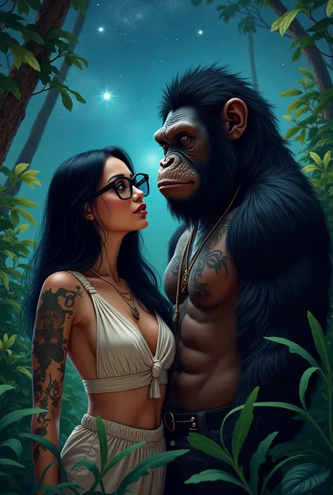 Woman of beige skin color with half-long black hair, tattoos and eyeglasses next to her charismatic and stylish ape-man husband in the jungle with a starry sky and a moon 