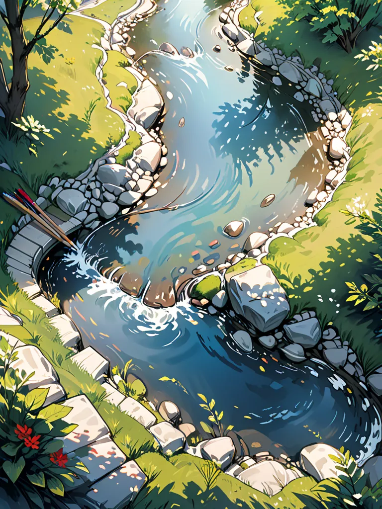 just above from the bridge,High quality, 8K Ultra HD, best quality, super detailed, Artist's sketch style, thick lines, Composition viewed from above, no people,Captured the movement of the Babbling brook,A very gentle (gentle flow:2.8）, a sketch of the ri...