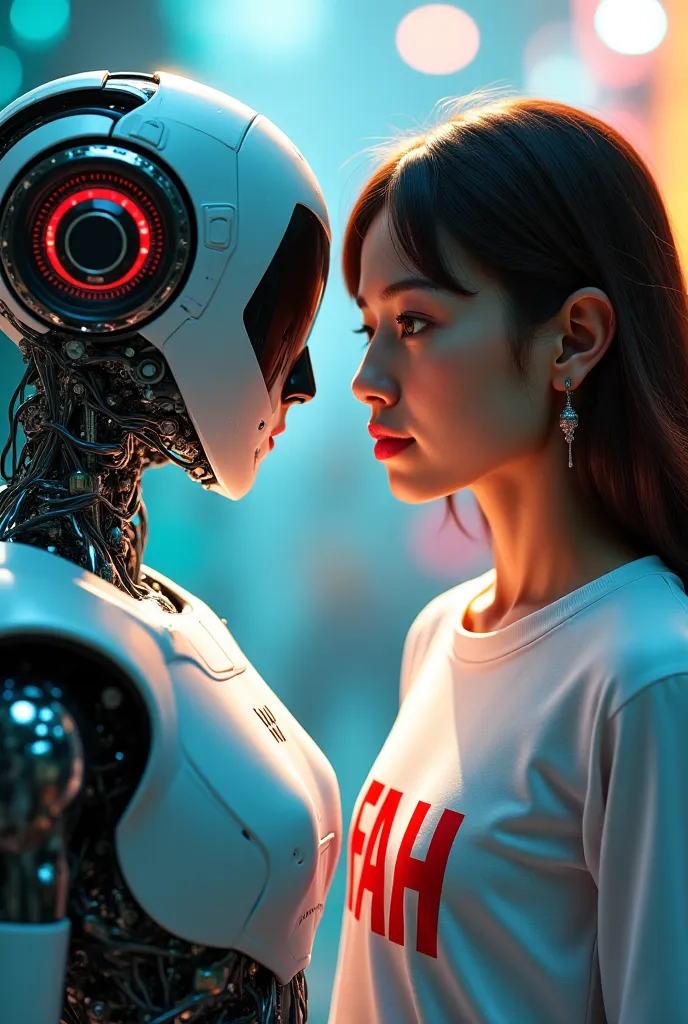 Smart AI robot looks charming, girl with letters on her chest "Fah"