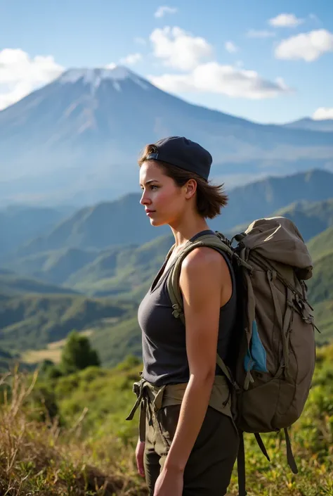 Femme pose full body 20 25 ans devant le kilimanjaro, elle porte une tenue de randonnée, sac, casquette 