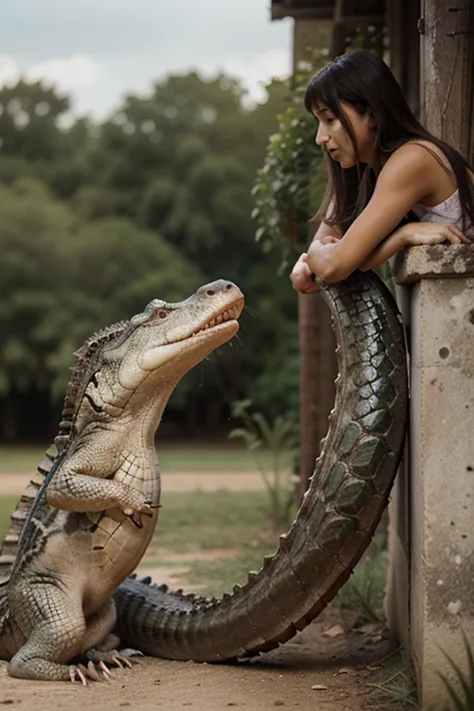 A crocodile sweet talk with a big snake