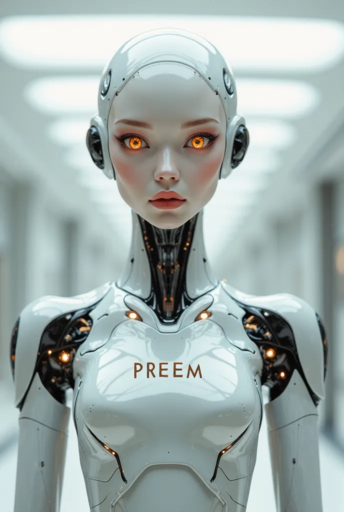 Ai robot, smart, charming, white girl with letters on her chest "Preem"
