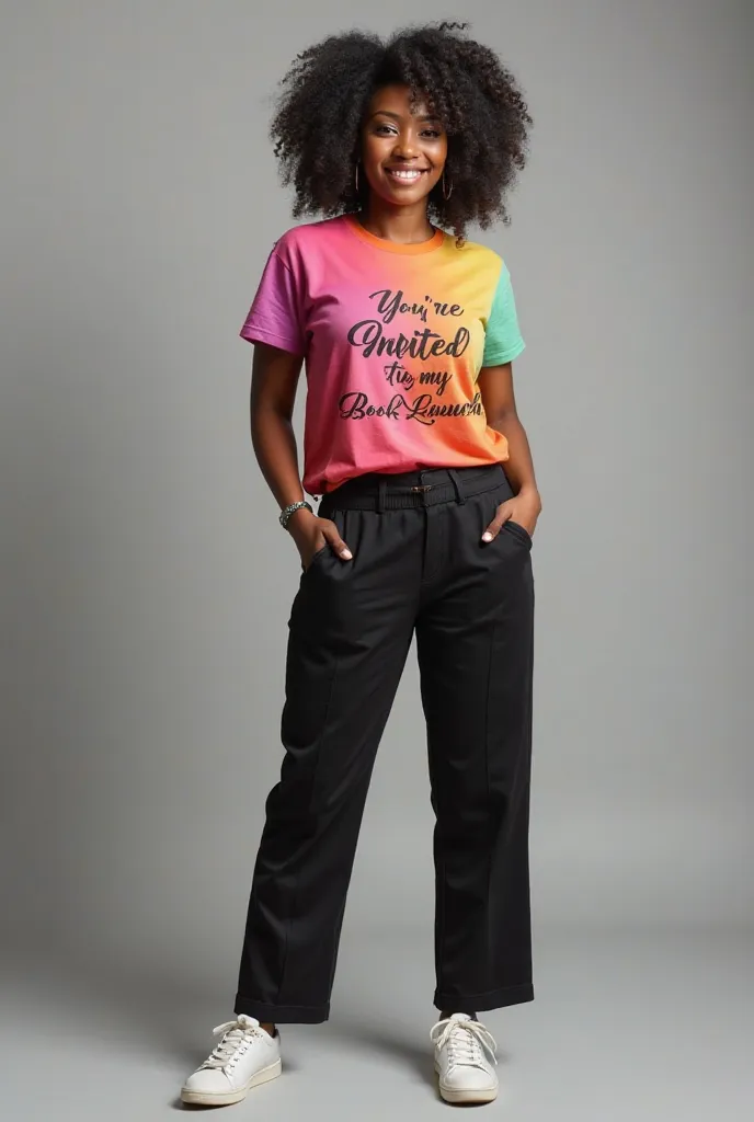 Image is a professional portrait featuring a beautiful Nigerian lady,  brand standing confidently. She has a medium skin tone and  , wearing a multicolor vibrant T-shirt with a black trouser and wearing a white sneaker and  smiling . There's an inscription...