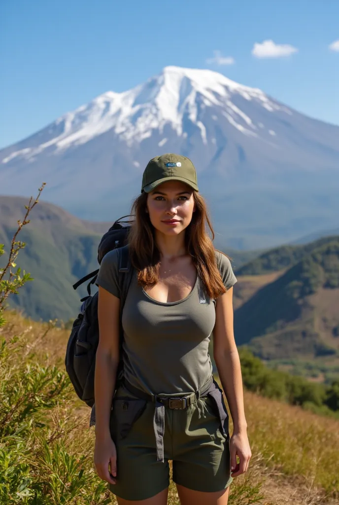 Femme pose full body 20 25 ans devant le kilimanjaro, elle porte une tenue de randonnée, sac, casquette 