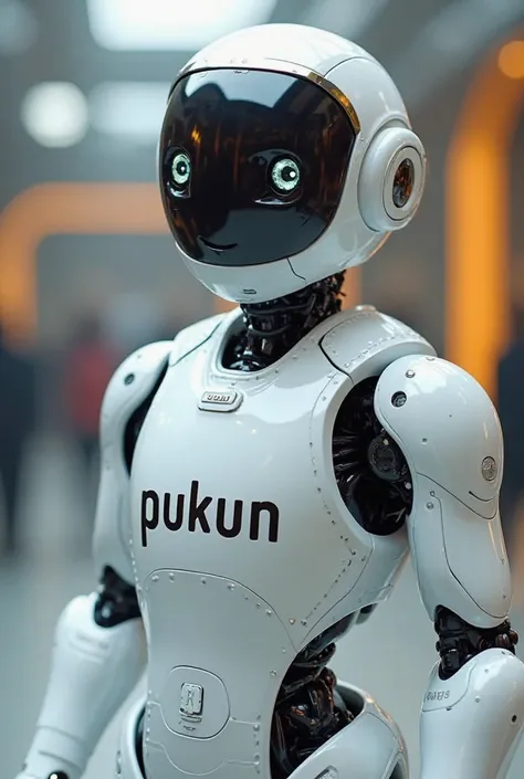 The AI Robot is smart, looks charming, a cool, white-skinned young man with "pukun" written on his chest.