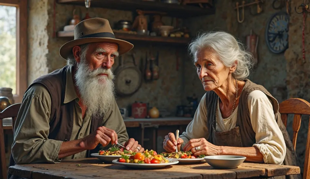 The slender peasant with white beards wearing a hat with his old wife with thin white hair eating in their humble kitchen