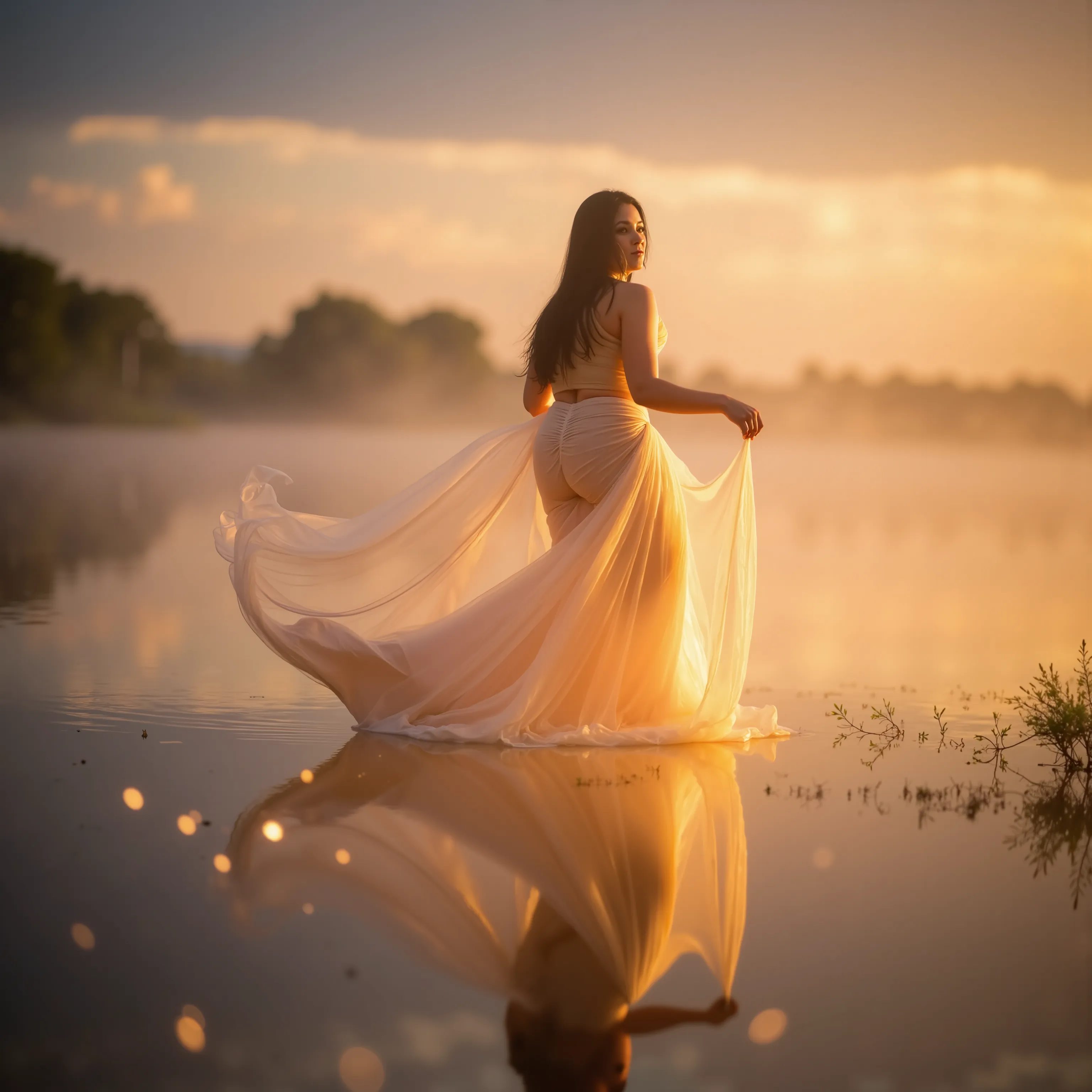 A celestial ballet unfolds beneath an endless sky—A luminous, curvy ethereal goddess draped in iridescent silk floats above a mirror-like lake, looking at viewer , her form suspended in a golden cascade of light. Her flowing gown shimmers with pearlescent ...