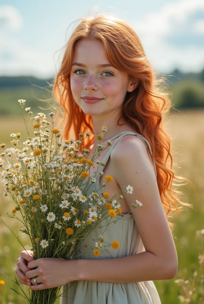 Create an image of a beautiful redhead girl with soft skin and expressive blue eyes, who is holding a large bouquet of wildflowers. Her long, , slightly curly hair shimmers in the sun, and the gentle summer breeze plays with strands. She is wearing a light...