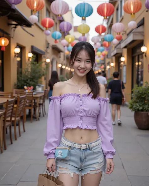 Full shot of a young woman standing on a paved street in a city.
The woman is light-skinned with shoulder-length, dark brown hair pulled back in a ponytail. She is smiling sexually and looking directly at the camera. She has large breasts. She is wearing...