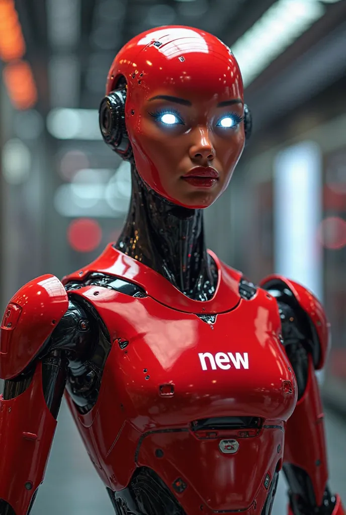 AI robot, smart, handsome, charming, red, with the name "New" on the chest