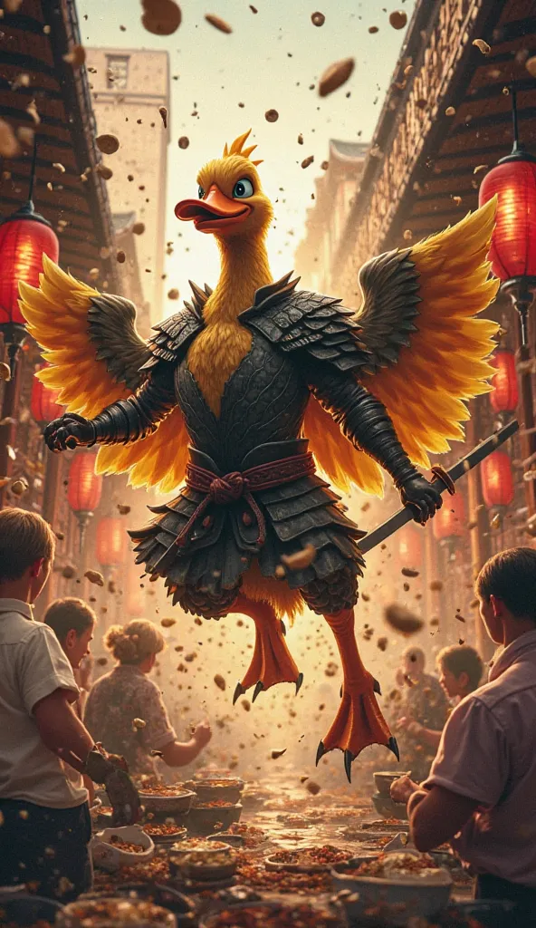 explosive impact, golden adult duck hero and the black armored samurai chicken with an athletic build smash through the rooftop, plummeting into a bustling Chinese restaurant below. The wooden ceiling splinters as both warriors land in the middle of the di...