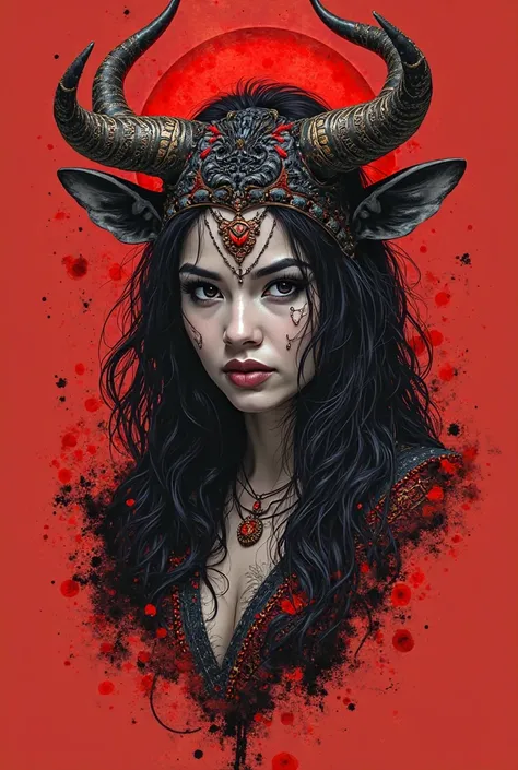 tattoo design of filipina warrior wearing carabao' head in black in red ink