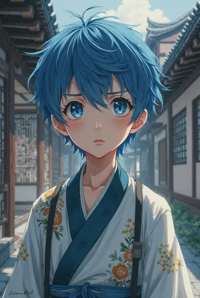 anime style, a boy with blue hair with blue eyes, wears clothes from the white Taisho era, has a serious and nostalgic expression, behind a Japanese-style house