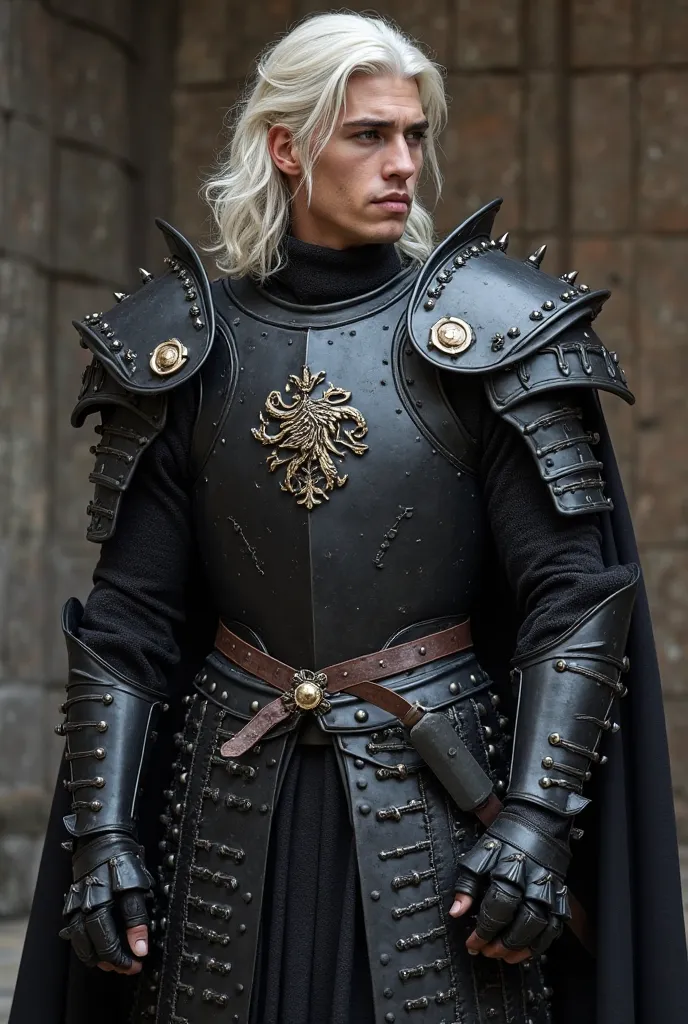 a gentleman,  with shoulder-length white hair,  young, with a sharp and attractive face,  wearing black armor,with spikes on the shoulder pads, bracelets and other convenient parts, In the middle of the chest of his armor he must wear the Targaryen house e...