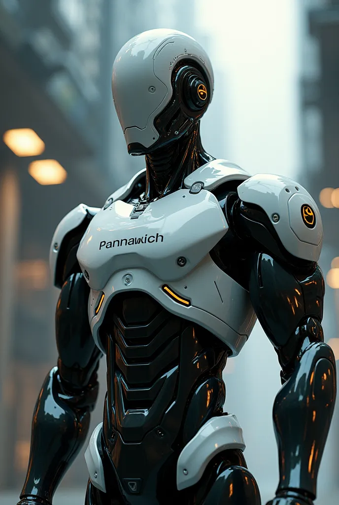 AI robot, a handsome guy who looks a little scary, has the name Pannawich on his chest.