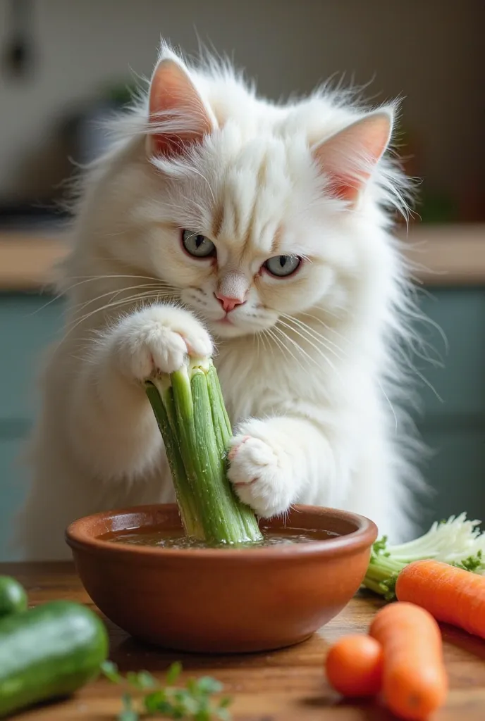 The A fluffy white tabby dog with a human-like posture dips a fresh bunch of green onions into a small clay bowl filled with water. Droplets splash as it swishes them around, removing dirt. Other washed vegetables like carrots and cucumbers rest beside the...