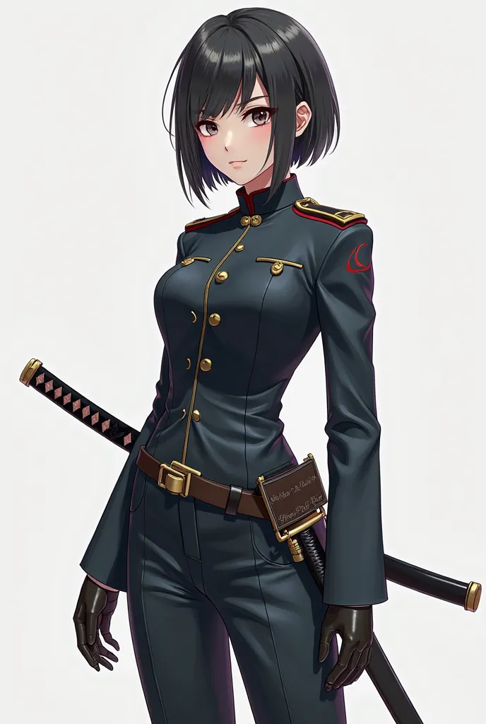 Create a 17-year-old short-haired girl in military clothing with a katana around her waist with a cool, neutral appearance and a half-expressionless anime-style face 