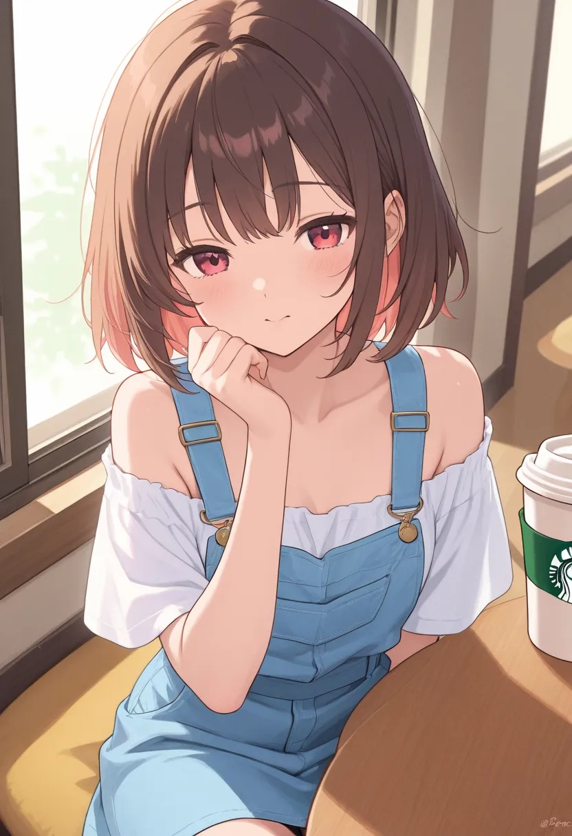 very cute Japanese woman、Slender and smart figure、anime style on the face。Short brown hair with bangs、Sleepy, soothing expression similar to the attached icon。Relaxing at Starbucks、Sitting by the window with warm sunlight shining in。Wearing an off-the-shou...