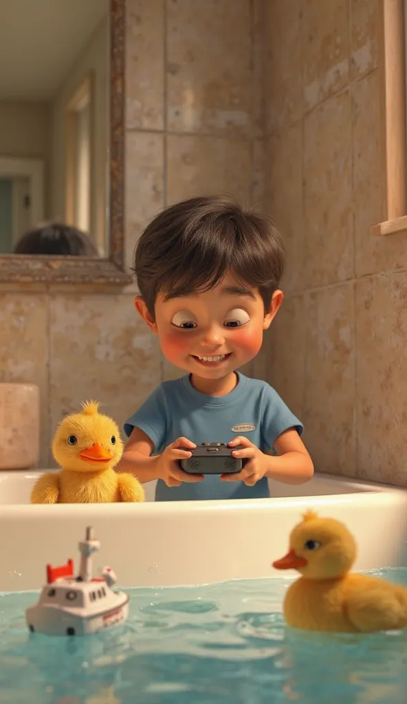 Cute golden duck sitting next to a  in the bathroom. Boy in blue t-shirt, holding remote control, driving toy boat on water in bathtub. Warm lit bathroom, wall mirror reflecting a pleasant space.