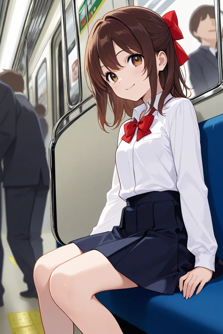 A girl with brown hair wearing a white shirt with a red bow and a skirt while sitting in the subway smiled mischievously with some people in the background