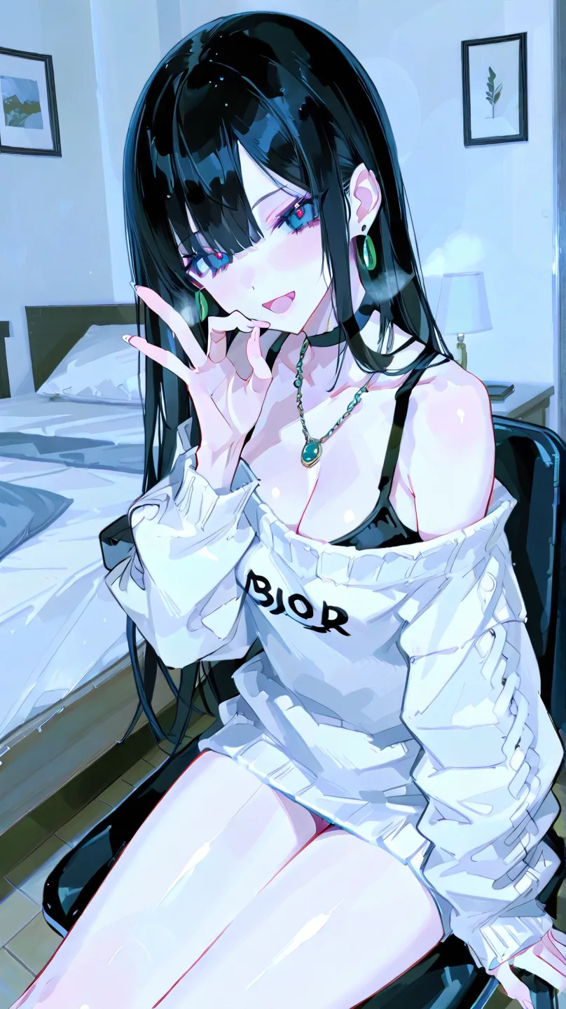  (( open your mouth ))、masterpiece,Top Quality,High Resolution,very well detailed,skinny,,((charming smile )),skinny, black choker,earrings,Big Cleavage、 off shoulder tight sweater dress,(( perfect finger with white color )) ,  indoors,(Boy's room:1.2),((f...