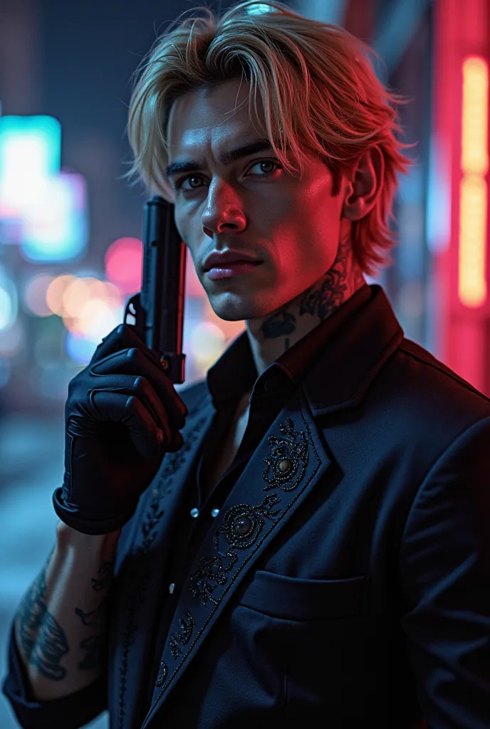 Imagine Victor, an apex predator beneath the city’s neon haze, his medium-blond hair catching the dim glow as he tilts his head ever so slightly. The night clings to him—dangerous, magnetic—his sharp gaze half-lidded yet unerring, as if already deciding th...