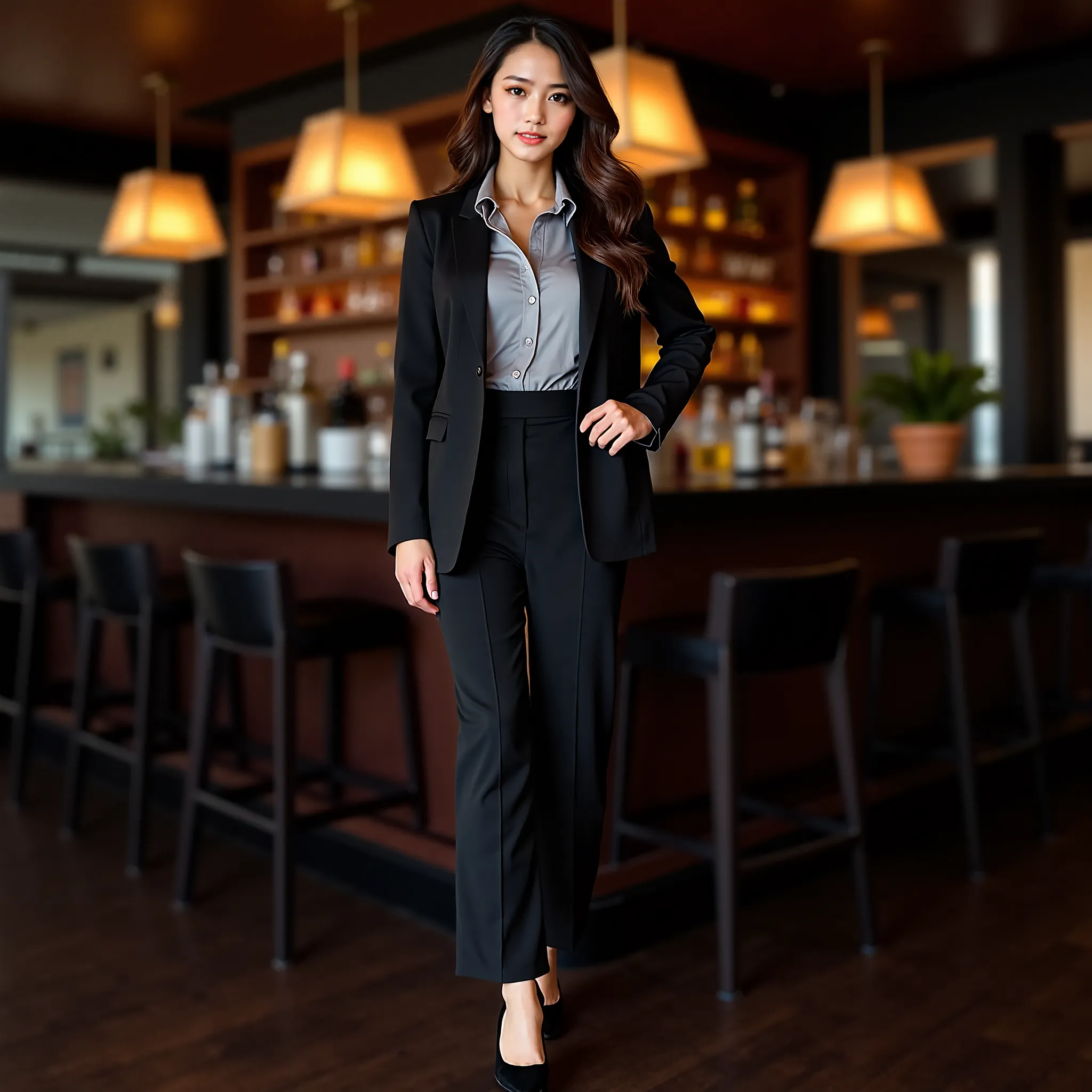 Photo, Full-Body frontal shot of a Thai beauty queen, A Deep Black Women's suits, A big-breasted woman, busty-woman, Light gray shirt, naturally beautiful woman, no makeup, Sexy Bueasty legs, Women's suit Skirt, no accessories,  The dark and blurry backdro...