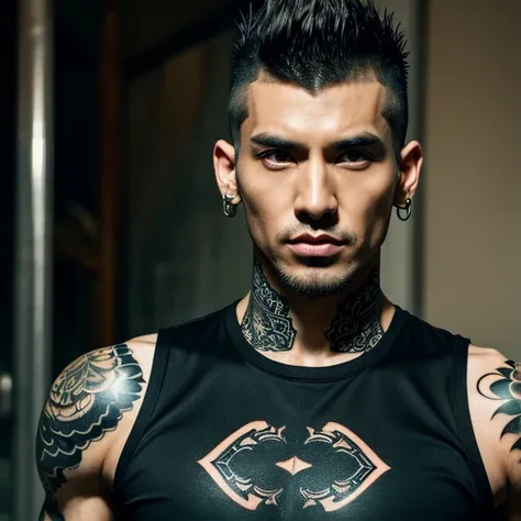 1 Japanese streampunk goth man, male, Asian eyes, muscular, broad shoulders, tattoos, hairstyle mohawk cut, black men's shirt and black pants, ultra detailed face and eyes, hyperrealistic, realistic representation, shoulder-length hair, 40 years old, age 4...