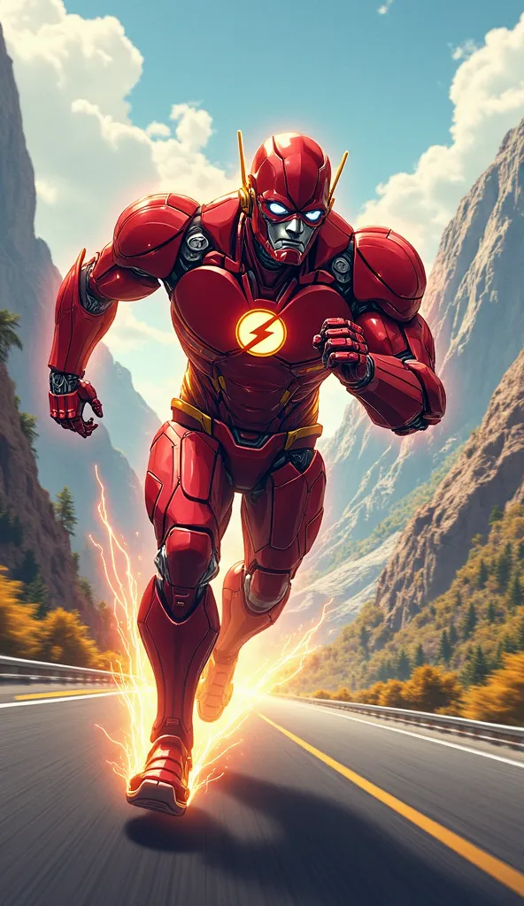 "Create a highly detailed and vibrant illustration of a robotic version of The Flash, inspired by Transformers, running on a mountain highway. The Flash robot should have a full-body metallic red design with a glowing lightning bolt emblem on its chest and...