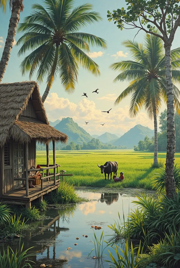 Atmosphere of a Thai rural house, year 1950, thatched roof house A green rice field with a buffalo in a puddle of water. farmer sitting fishing View behind a coconut tree, picture taken at 7 a.m., oil painting on canvas, HDR Ultra Reality, 16K