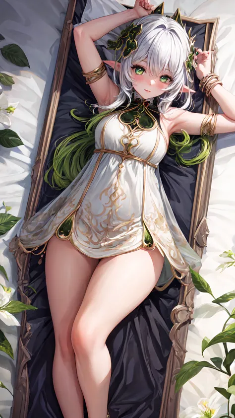 A mature female elf , Long silver hair,  green eyes ,  White sage tunic ,  She has a white flower on her head and a half. , lying in bed she blushes and looks so sexy, chica alta,  mother and daughter, 40 years old, dama