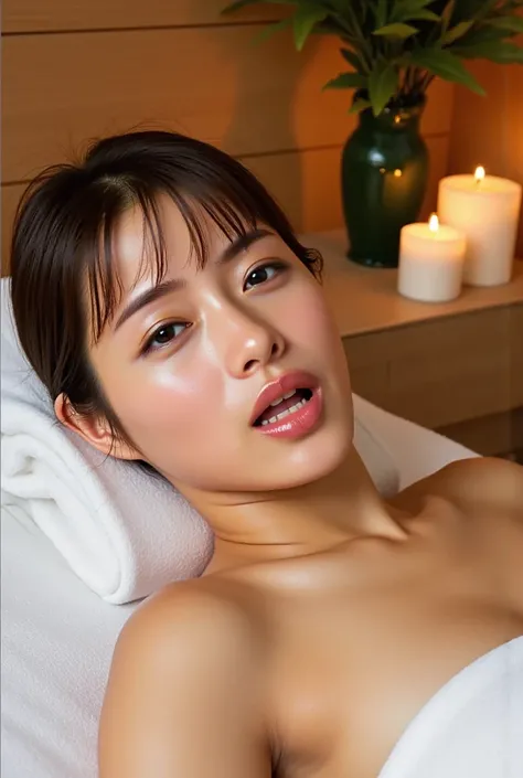 one Japanese woman in transparent underwear、male esthetician whose whole body is covered in oil．She is getting a special menu erotic massage at an oil beauty salon. She is lying on her back on the treatment table. and her head is on a thick white cotton to...