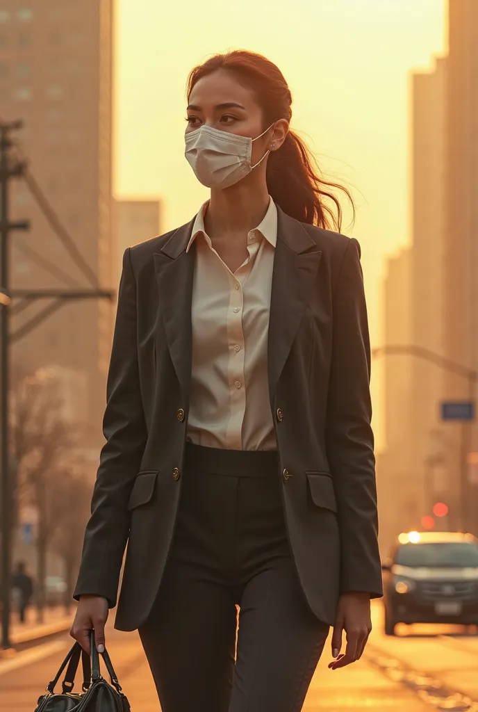 A beautiful girl is wearing a work suit, wearing a mass in the middle of a dusty city PM 2.5, and wearing a mess to protect against dust. The background is a beautiful city with bright sunshine. The girl has a gorgeous face, a proportional figure like a pr...