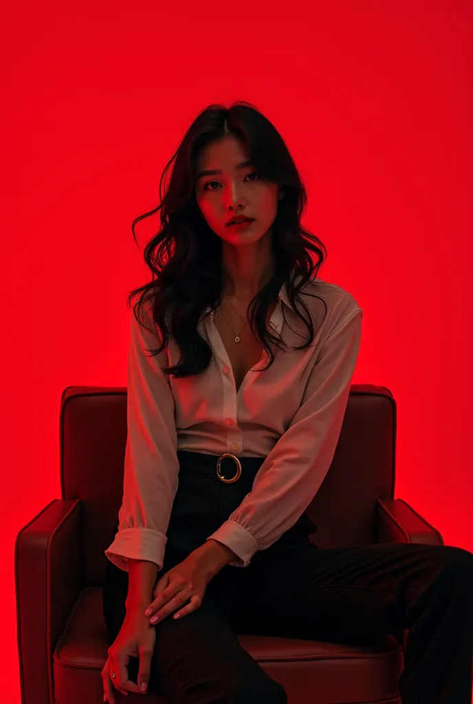 Modern graphic design image, The design is dominated by red, and black with striking typography. TeeA beautiful Korean woman sitting in a chair, wears casual clothes. The name Grace Gracella "and" Anyun"is clearly visible on the design, indicates the possi...