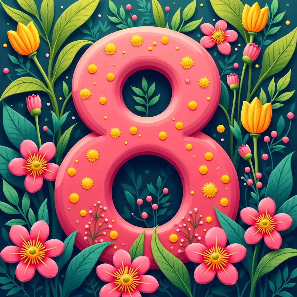 Number 8 in pink and yellow tones and lots of greenery and flowers