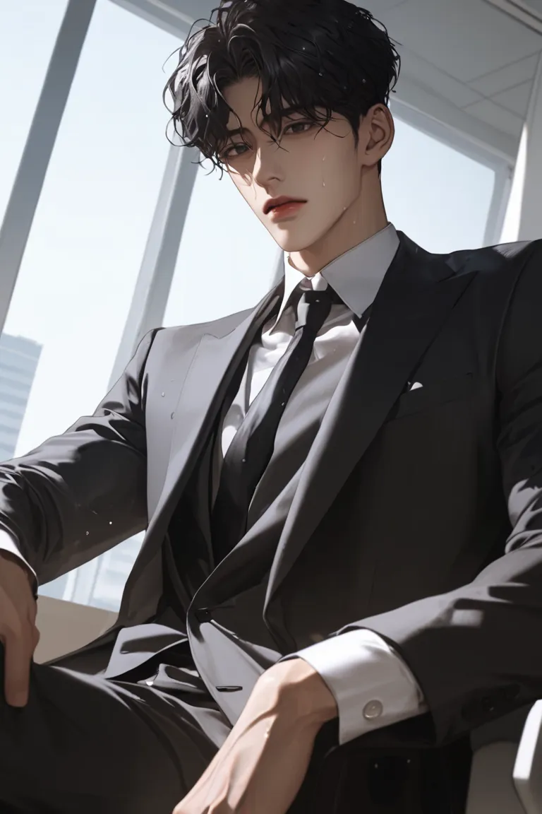 bad，  I have dark hair， Very short hair，   dark gray suit，Head perspective   ，，    Korean Comic Style    ，  young, good condition ，    very handsome    脸瓜子脸，  wet hairstyle    ，  Dark black eyes    ，     very handsome    , black neck polar tee,  Sitting  ,...