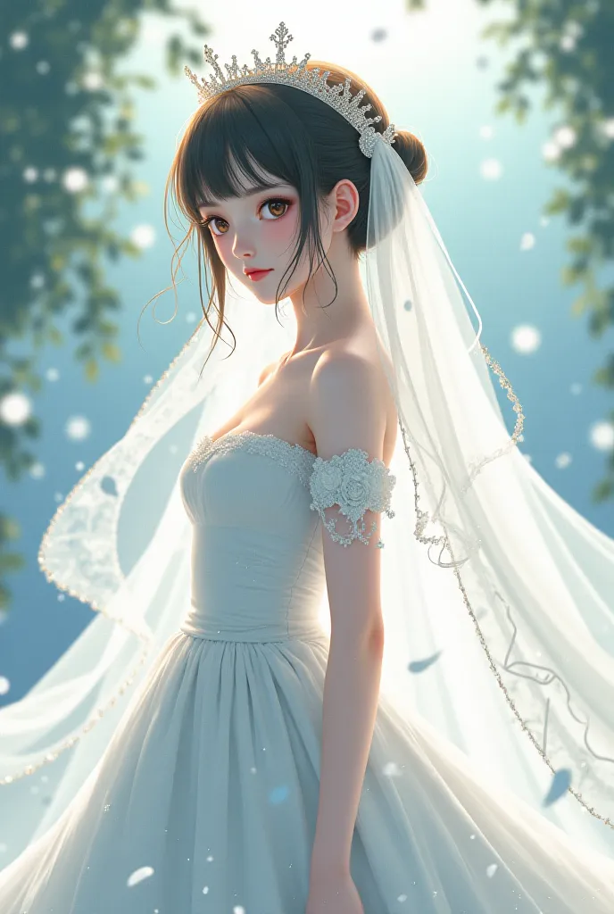 White women's wedding dress that wears a crown on her head (the anime-like image in front)