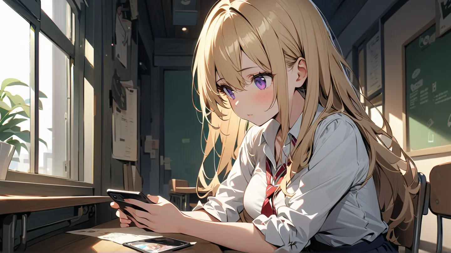 1 girl, alone, solo,
((Top Quality、High Resolution、 highly detailed 8k wallpaper))

purple eyes, long hair,blonde hair,medium boobs,Hair between the eyes,

white blouse and navy pleated skirt {x} high school girl in uniform operating a smartphone while rel...