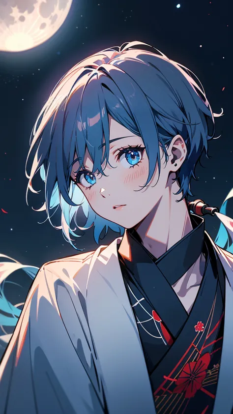 
 white skin,Odd-Eye, male, expression with closed mouth,Night Sky,starry sky, kimono,The moon is in the upper left corner of the background,Blue hair color, left eye is red ,Right eye is black,The red spider lilies are blooming,lonely expression,solo, han...