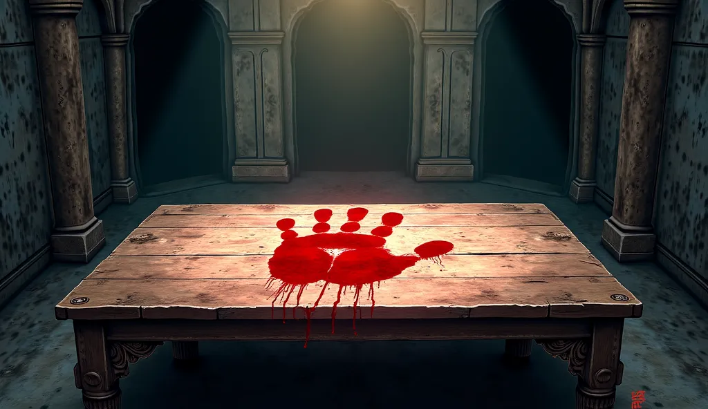 A bloody handprint suddenly appearing on an old wooden table inside a haveli room.                
  In an anime style