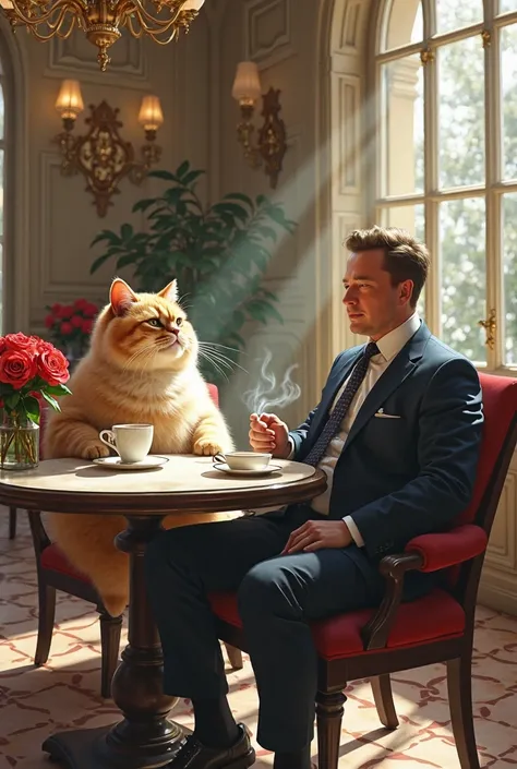 Create an image of a fat cat drinking coffee with Elon Musk, in a luxury restaurant, tiled floor, on the table is a pot of roses.