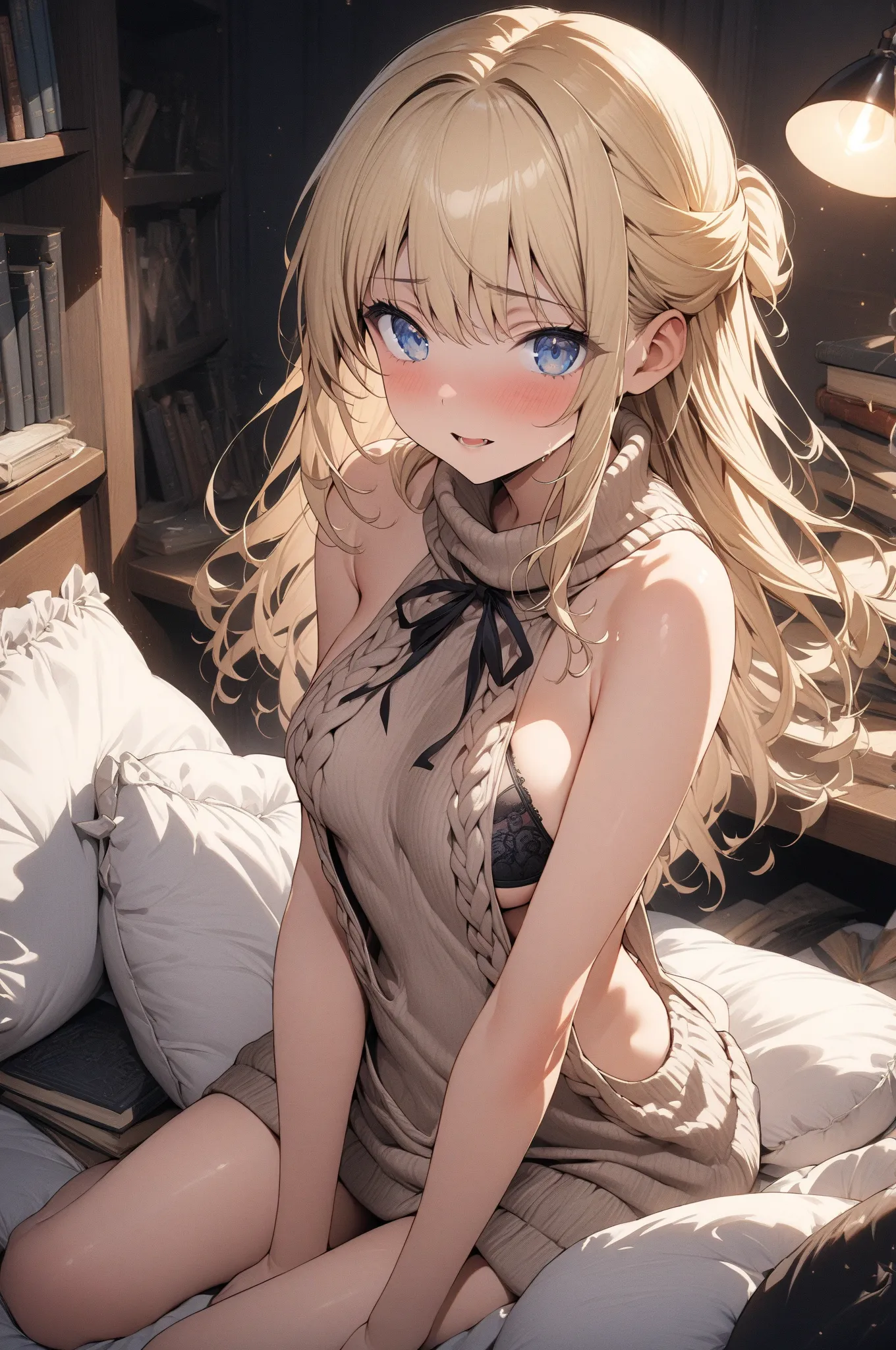 (masterpiece, detailed:1.2), One Girl, Princess, (18-years old), blonde half updo, Medium Breasts, sky blue eyes, BREAK, Highest quality, beige virgin killer sweater, Black bra, in her room, cushions, books, at night