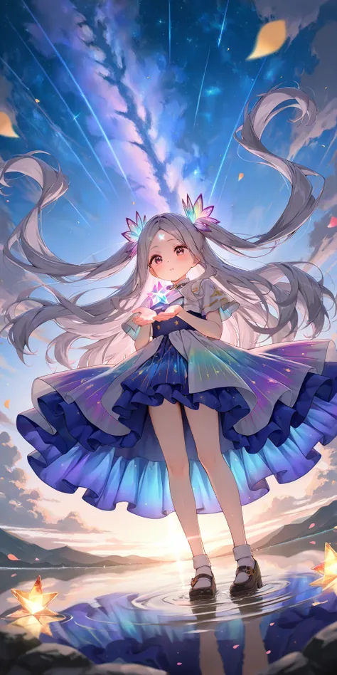 Alone, 1 girl\(cute, cute, chibi,school uniforms,  young,  Silver Hair,floating hair with hands, Eyes of the Universe, pale skin,  on the forehead,cute pose\). break .(  Clear Bubbles  \( Shining Prisms ,In the sky\), beautiful universe , ( huge, beautiful...