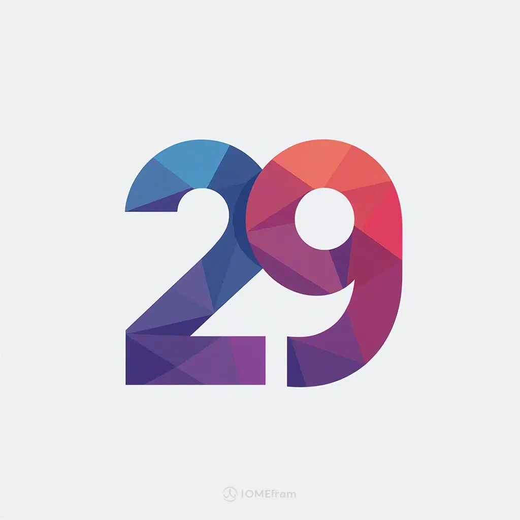 create a logo of the number 29 (two nine) in a flat color vector style with blue, red, purple colors