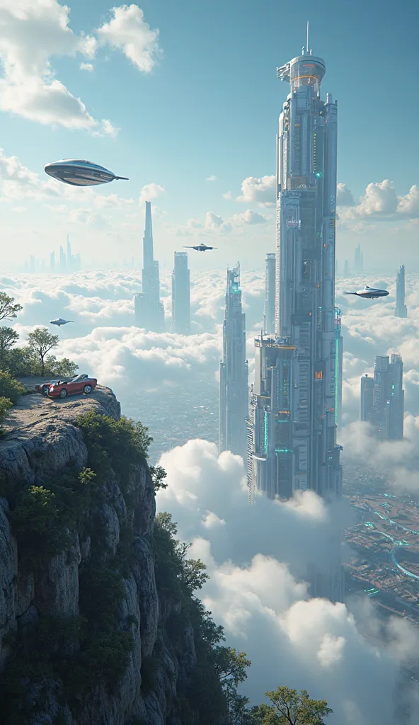 A panoramic scene from a high-altitude observatory in Neo-Hyderabad, perched above a sea of clouds. In the distance, vast vertical eco-cities with AI-integrated interiors and shape-shifting forms create a futuristic skyline. Futuristic flying vehicles—rang...