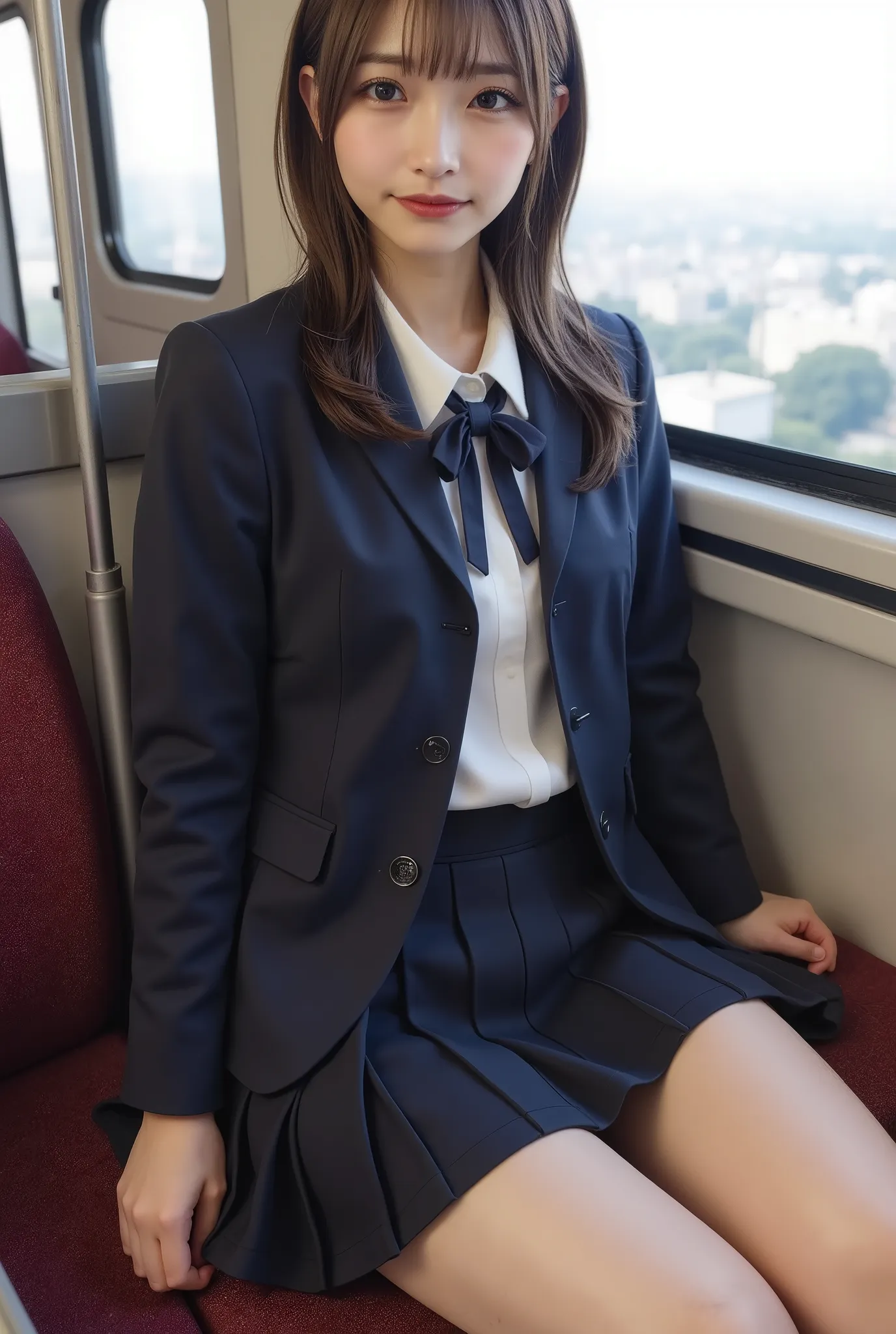  super realistic,  sitting in a train seat. She is a realistic depiction of a Japanese college girl wearing traditional Japanese clothes,  A neatly tied ribbon or ribbon .   false lashes, her dark hair is simply  ,  and彼女は思慮深い表情 .   her thighs look promine...