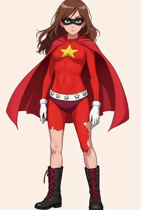 A girl with brown hair, wearing a red spandex suit with yellow star on her chest. She is also wearing black eye mask, red cape, white gloves, white belt with silver stars, burgundy underwear, black boots with red laces. Ripped suit. Unconscious. 